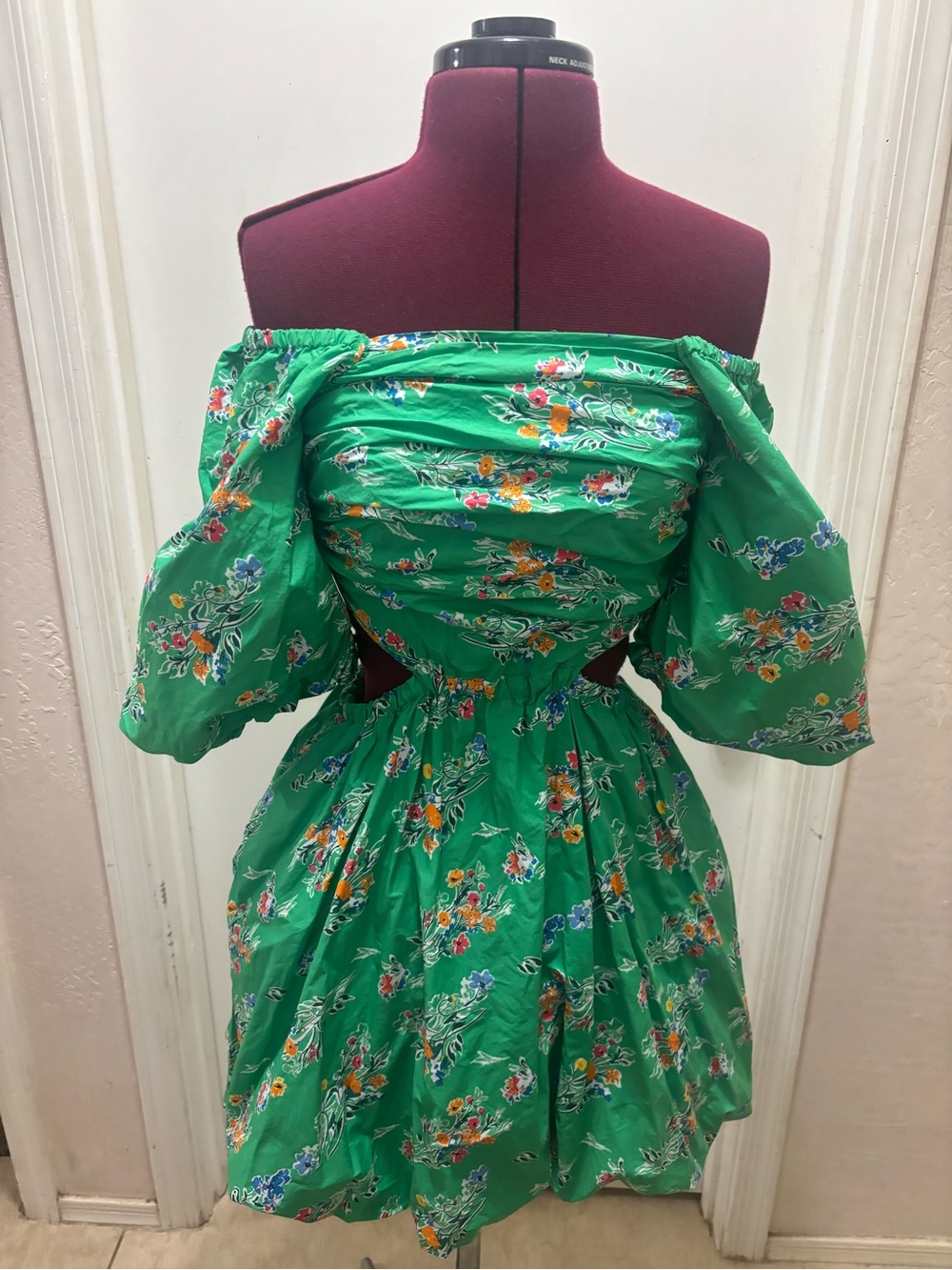 🍾NWT a.new.day Green Floral Puff-Sleeve cut out bubble a line Mini Dress, SizeXS - Picture 6 of 6
